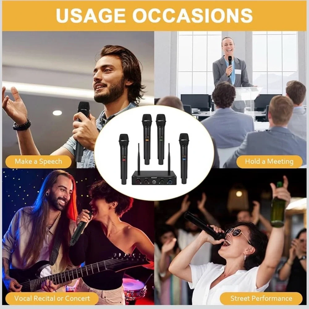 4-Channel Wireless Microphone System, UHF Compact Cordless Mic Set w/ 4x10
